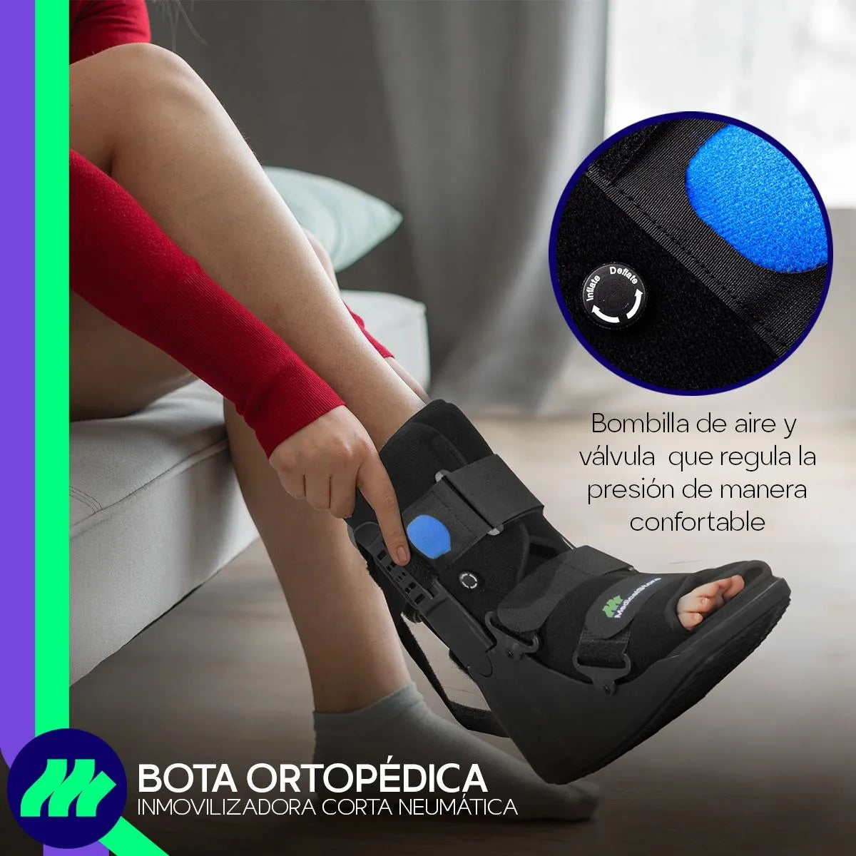 Bota Ortopédica Walker Neumática Corta Válvula de Aire Lesiones de Tobillo Soporte Ajustable y Recuperación Rápida Suela Balancín y Confort Anatómico Postquirúrgica