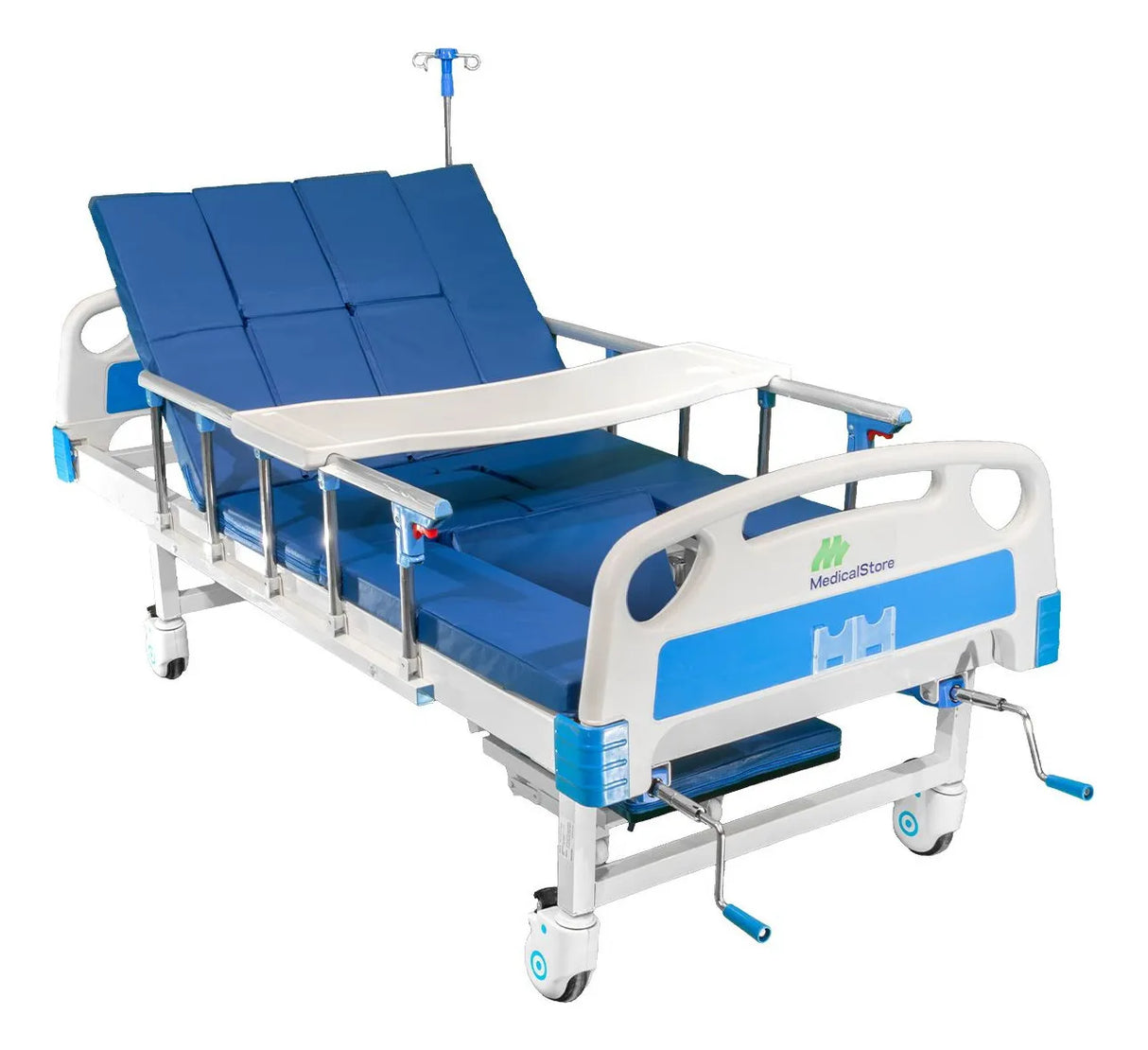 Cama hospitalaria manual de 5 posiciones MedicalStore con barandales abatibles y estructura resistente.