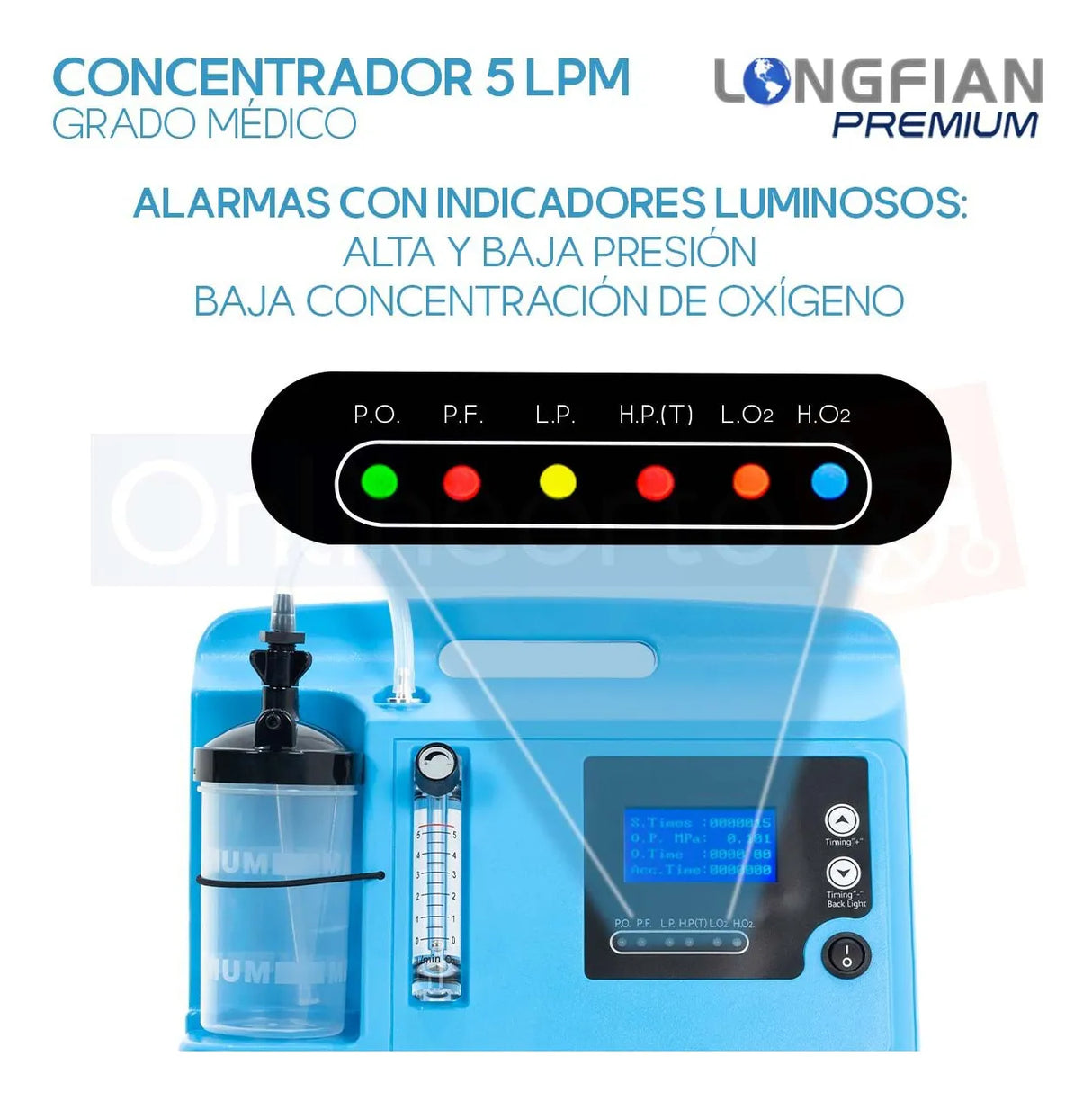 Concentrador de Oxígeno Longfian Azul 5L Estacionario con Nebulizador y Alarmas para Adultos y Niños Uso Clínico