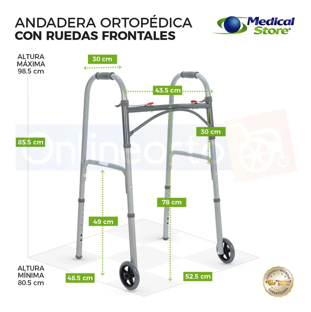 Andadera Ortopédica Plegable Ruedas Frontales Altura Ajustable 8 Niveles Acero Resistente y Empuñaduras Resistente Movilidad Segura