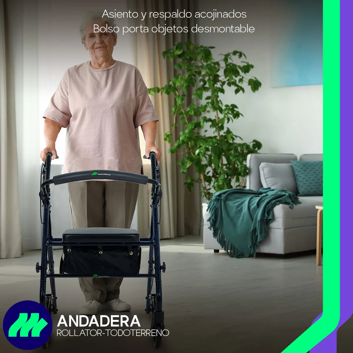 Andadera para adulto con ruedas resistentes paraAndadera ortopédica rollator con frenos de chicote y bloqueo de ruedas traseras uso interior y exterior.