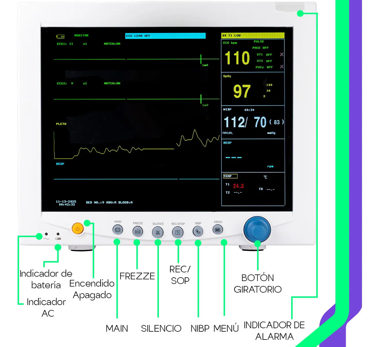 Accesorios originales para ECG, SpO2, manguito de presión, sondas y cables. Todo lo necesario para empezar a usar el monitor.