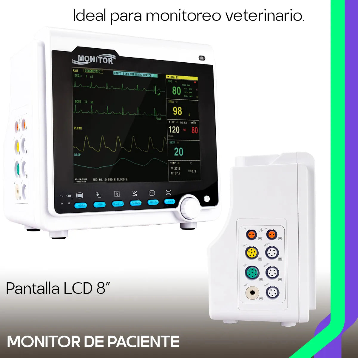 Monitor multiparámetro diseñado para perros, gatos y animales pequeños. Lectura continua de signos vitales esenciales, ideal para clínicas, consultorios y hospitales veterinarios.