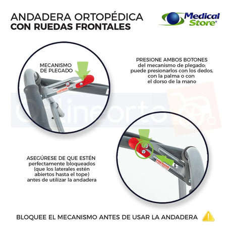Andadera Ortopédica Plegable Ruedas Frontales Altura Ajustable 8 Niveles Acero Resistente y Empuñaduras Resistente Movilidad Segura