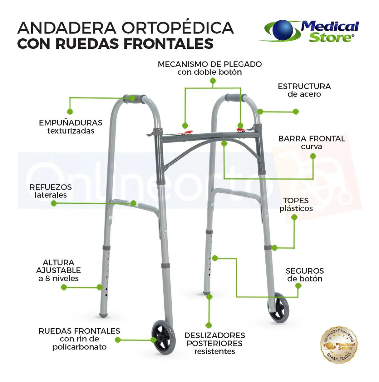 Andadera Ortopédica Plegable Ruedas Frontales Altura Ajustable 8 Niveles Acero Resistente y Empuñaduras Resistente Movilidad Segura