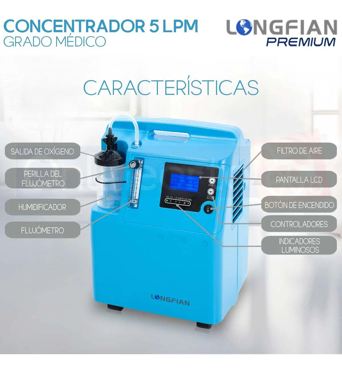Concentrador de Oxígeno Longfian Azul 5L Estacionario con Nebulizador y Alarmas para Adultos y Niños Uso Clínico