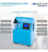 Concentrador de Oxígeno Longfian Azul 5L Estacionario con Nebulizador y Alarmas para Adultos y Niños Uso Clínico
