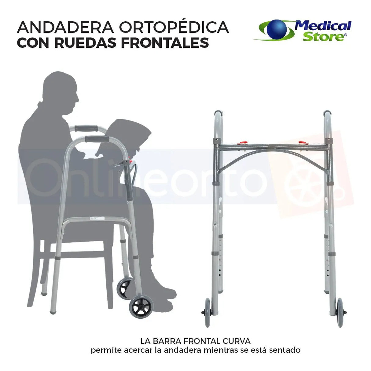 Andadera Ortopédica Plegable Ruedas Frontales Altura Ajustable 8 Niveles Acero Resistente y Empuñaduras Resistente Movilidad Segura