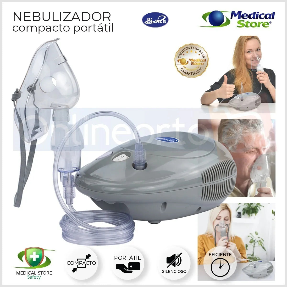 Nebulizador Médico Portátil Silencioso Mascarillas Adulto E Infantil Libre De Látex Gris