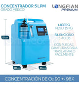 Concentrador de Oxígeno Longfian Azul 5L Estacionario con Nebulizador y Alarmas para Adultos y Niños Uso Clínico