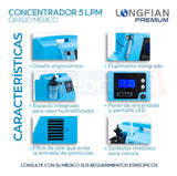 Concentrador de Oxígeno Longfian Azul 5L Estacionario con Nebulizador y Alarmas para Adultos y Niños Uso Clínico