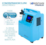Concentrador de Oxígeno Longfian Azul 5L Estacionario con Nebulizador y Alarmas para Adultos y Niños Uso Clínico