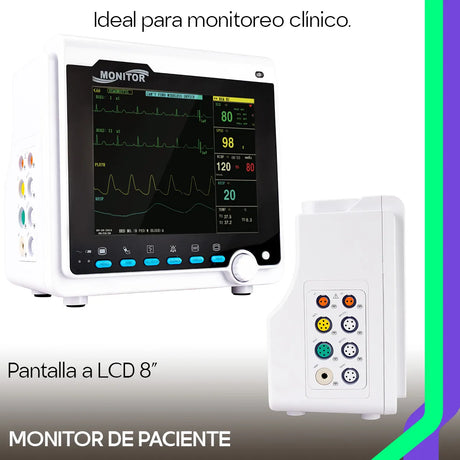 Interfaz del CMS6000 mostrando ECG, SpO2, NIBP, frecuencia respiratoria, pulso y temperatura. Monitoreo completo para todo tipo de pacientes.