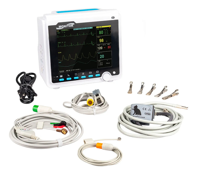 Pantalla LCD de 8 pulgadas con lectura clara y precisa de parámetros veterinarios. Visualiza ECG, SpO2, frecuencia cardíaca, respiratoria, temperatura y presión arterial en tiempo real.