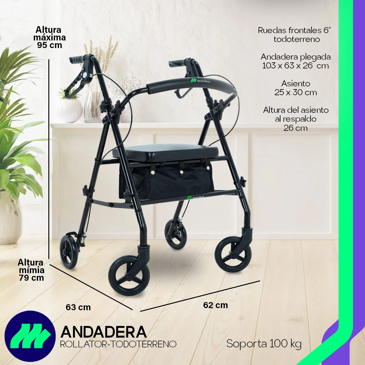 Andadera ortopédica rollator plegable para fácil transporte y almacenamiento