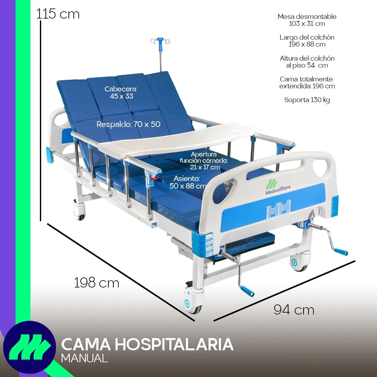 Mesa de sobreponer y cómodo integrado que facilitan la alimentación e higiene sin mover al paciente.