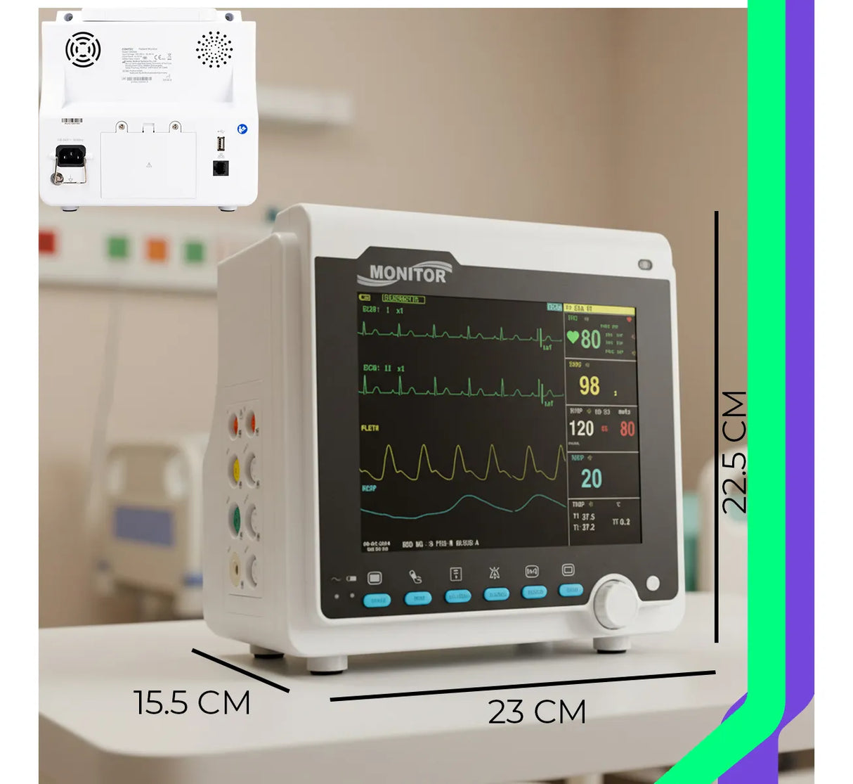 Laterales del CMS6000 con entradas para sensores, puertos de comunicación y conexión a sistema central para monitoreo continuo.