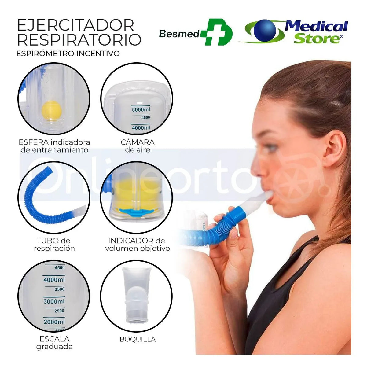 Ejercitador Pulmonar Espirómetro Incentivo Terapia Respiratoria Portátil Indicador Ajustable y Mejora Función Pulmonar