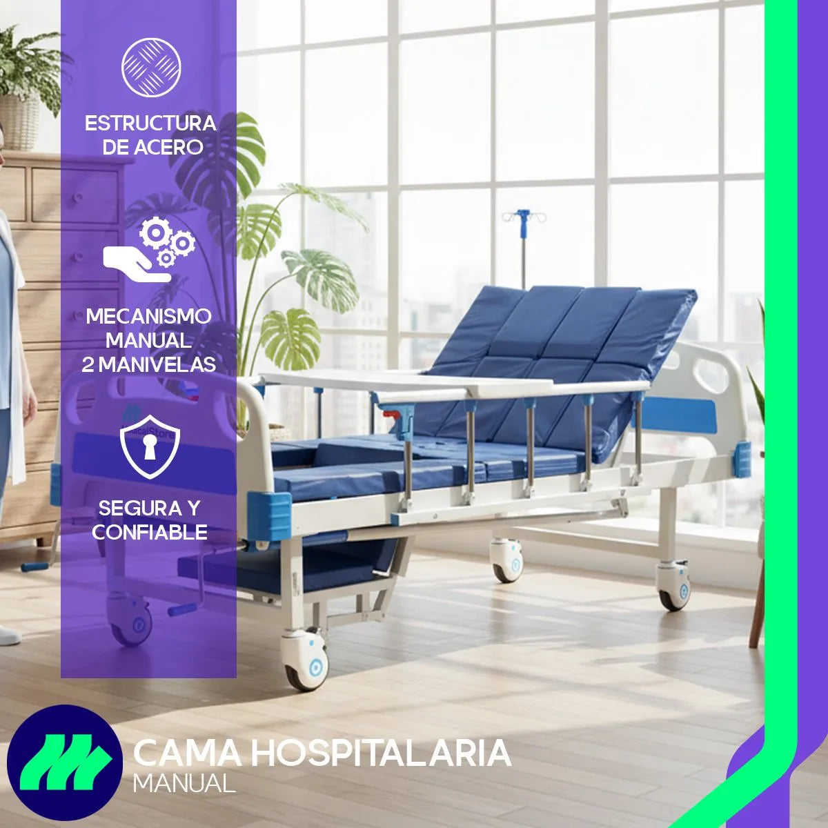 Manivelas de ajuste para respaldo y piernas que permiten modificar la posición del paciente de forma segura