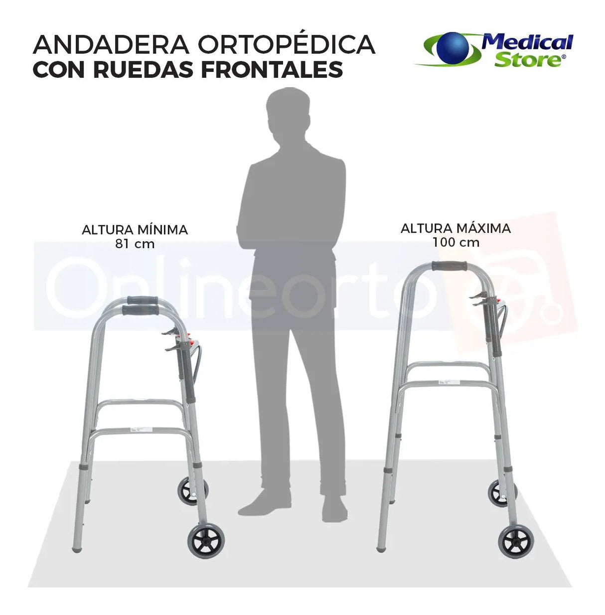 Andadera Ortopédica Plegable Ruedas Frontales Altura Ajustable 8 Niveles Acero Resistente y Empuñaduras Resistente Movilidad Segura