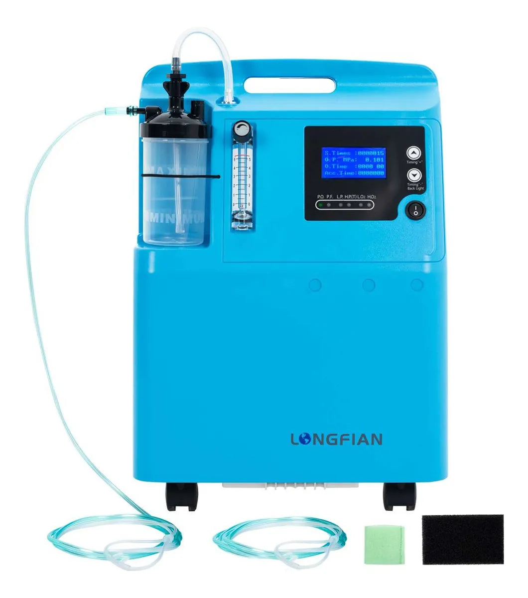 Concentrador de Oxígeno Longfian Azul 5L Estacionario con Nebulizador y Alarmas para Adultos y Niños Uso Clínico