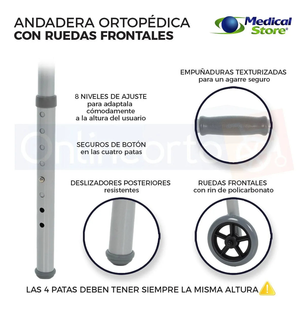 Andadera Ortopédica Plegable Ruedas Frontales Altura Ajustable 8 Niveles Acero Resistente y Empuñaduras Resistente Movilidad Segura