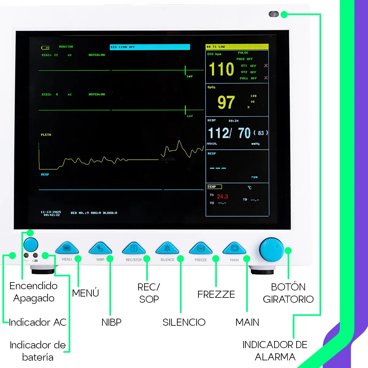 El CMS8000 cuenta con alarmas visuales y sonoras que alertan al personal médico ante cualquier cambio importante, garantizando seguridad y atención inmediata.