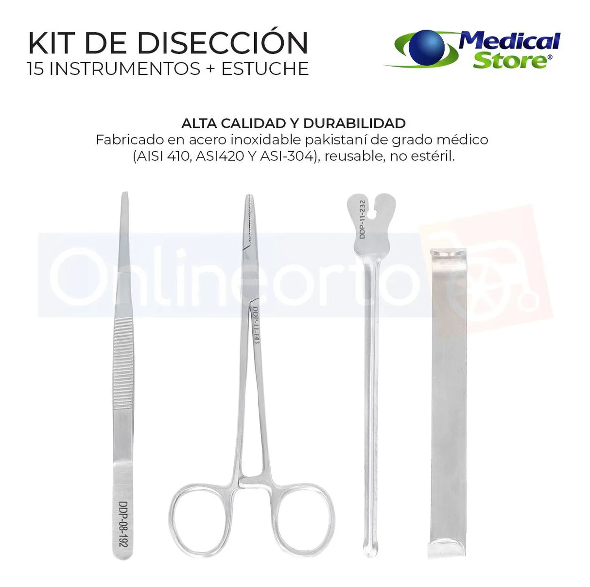 Kit de Instrumental Quirúrgico Estuche 15 Piezas Acero Inoxidable Reusable Estudiantes y Profesionales
