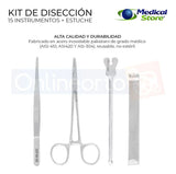 Kit de Instrumental Quirúrgico Estuche 15 Piezas Acero Inoxidable Reusable Estudiantes y Profesionales