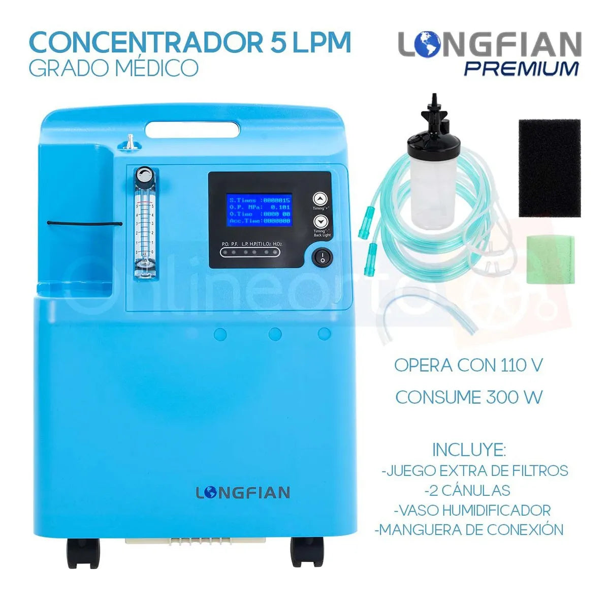 Concentrador de Oxígeno Longfian Azul 5L Estacionario con Nebulizador y Alarmas para Adultos y Niños Uso Clínico