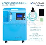 Concentrador de Oxígeno Longfian Azul 5L Estacionario con Nebulizador y Alarmas para Adultos y Niños Uso Clínico