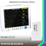 Interfaz del CMS7000 mostrando ECG, SpO2, NIBP, frecuencia respiratoria y temperatura. Monitoreo completo para adultos, pediátricos y neonatos.
