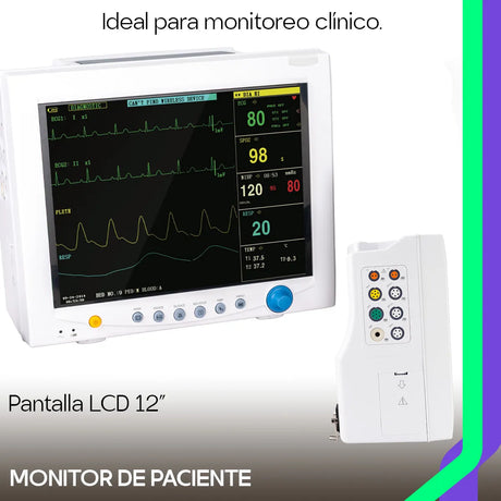 Interfaz del CMS7000 mostrando ECG, SpO2, NIBP, frecuencia respiratoria y temperatura. Monitoreo completo para adultos, pediátricos y neonatos.