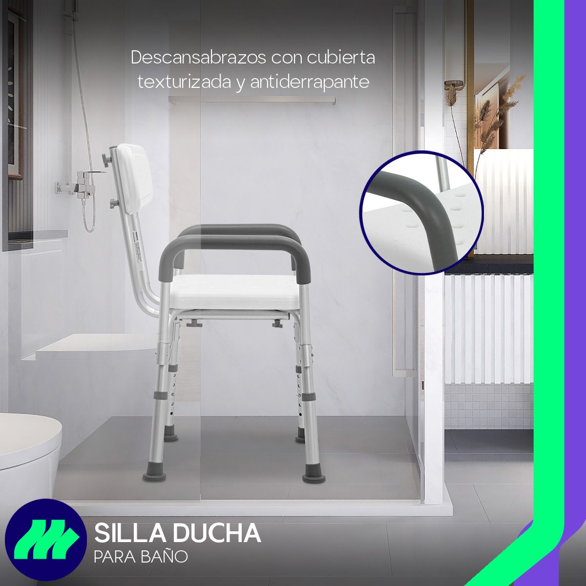 Silla Baño Ajustable con Descansabrazos y Respaldo Texturizado Antideslizante para Personas Mayores o con Movilidad Reducida