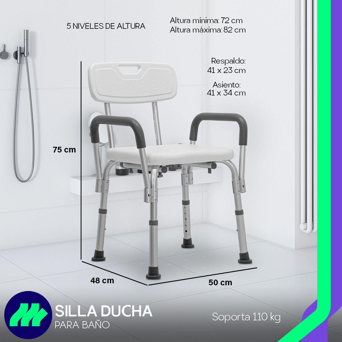 Silla Baño Ajustable con Descansabrazos y Respaldo Texturizado Antideslizante para Personas Mayores o con Movilidad Reducida