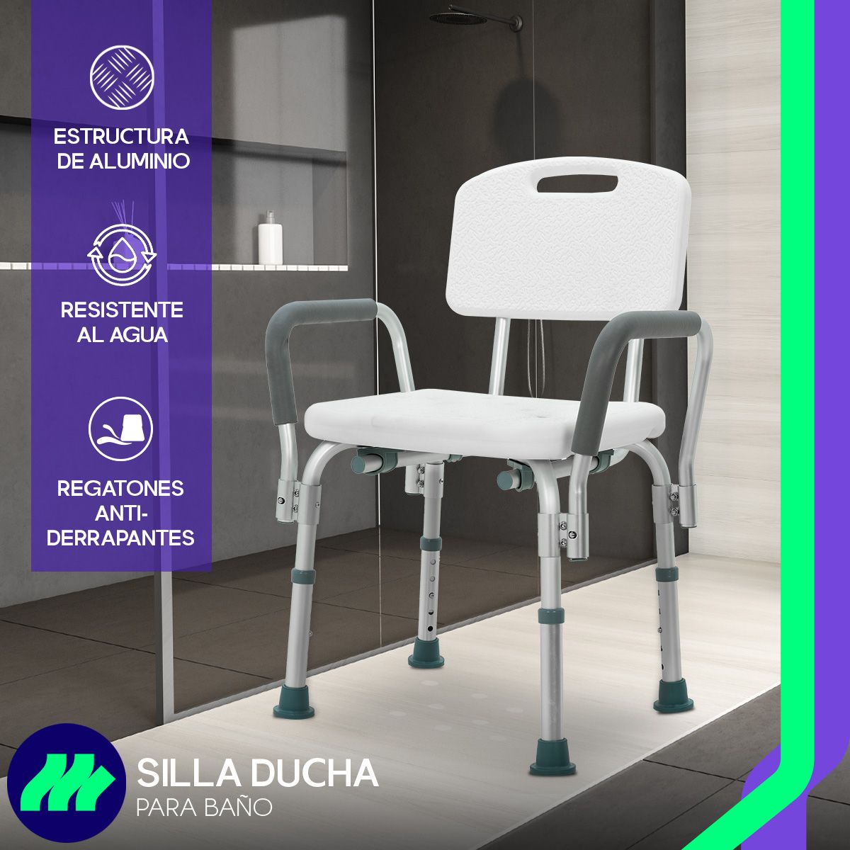 Silla Para Baño Adultos Mayores Con Respaldo Y Asiento Antiderrapante Descansabrazos Ajustable Aluminio Seguridad Rehabilitación Estable Resistente Ligera Práctica