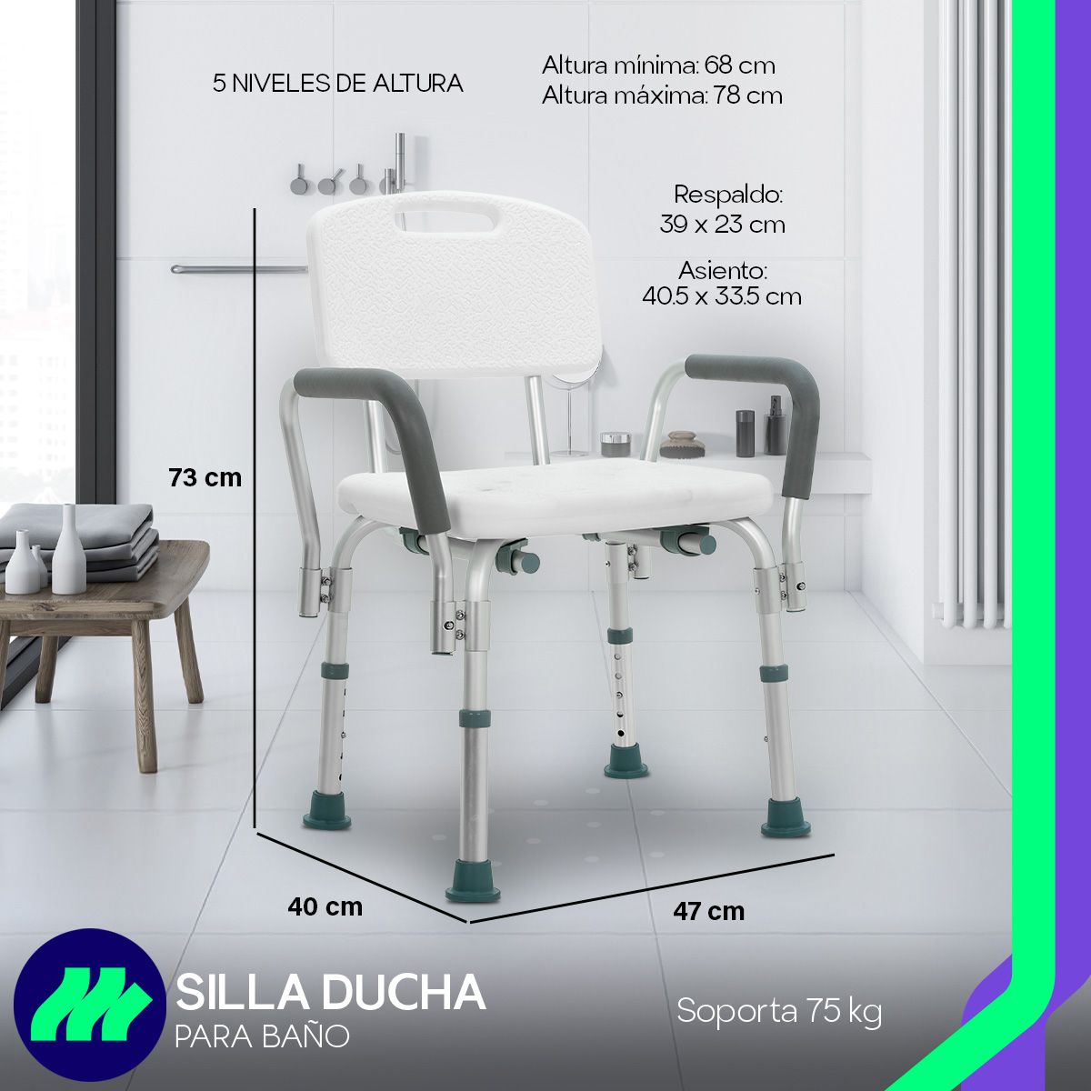 Silla Para Baño Adultos Mayores Con Respaldo Y Asiento Antiderrapante Descansabrazos Ajustable Aluminio Seguridad Rehabilitación Estable Resistente Ligera Práctica