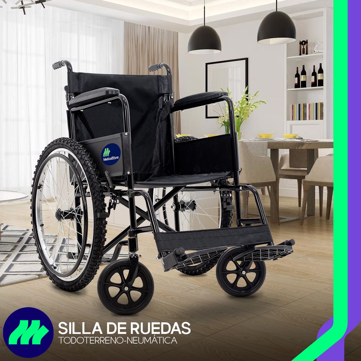 Silla de Ruedas Plegable Todo Terreno Acero 24” Neumática Respaldo Reforzado y Cinturón de Seguridad Aros Propulsores y Talonera Ajustable