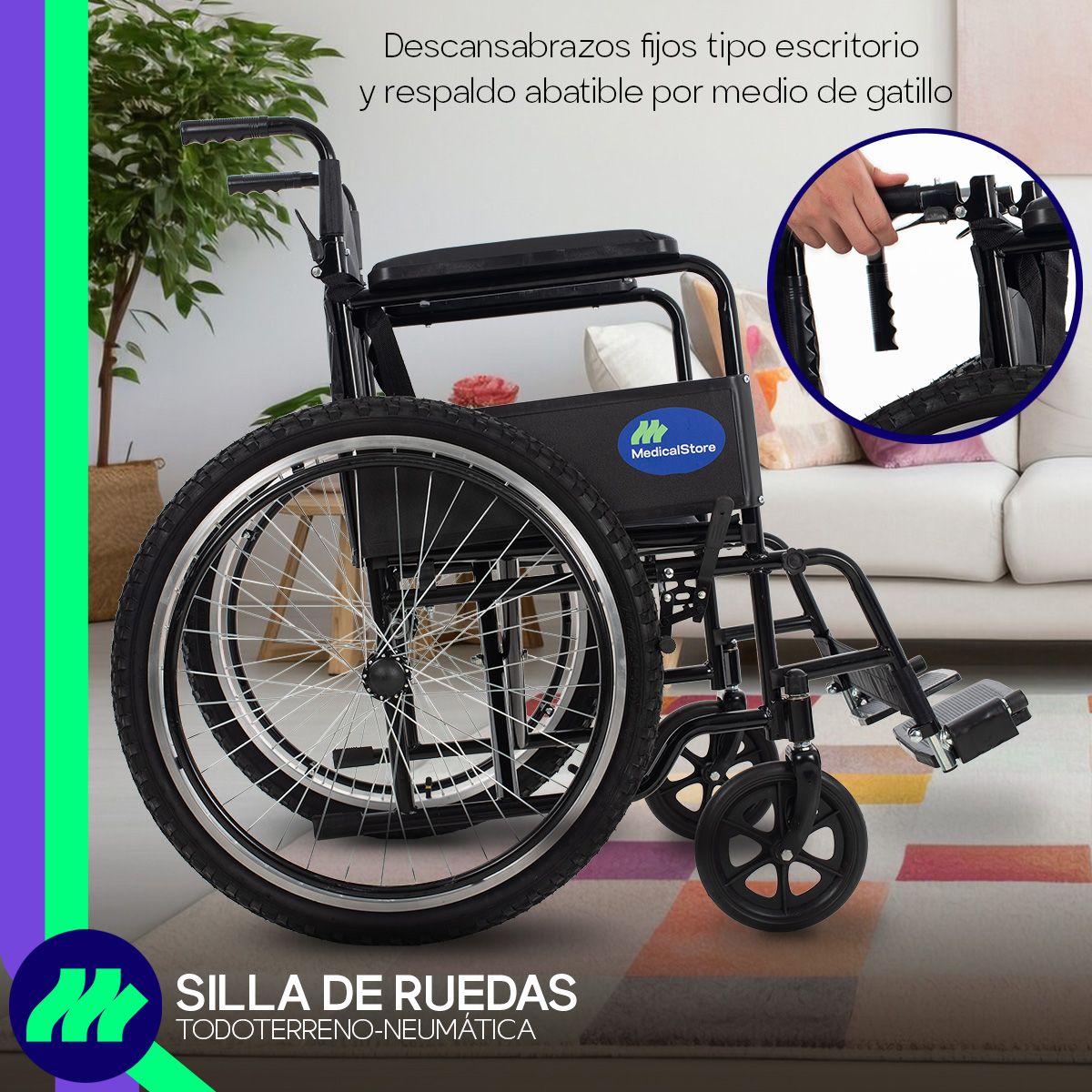 Silla de Ruedas Plegable Todo Terreno Acero 24” Neumática Respaldo Reforzado y Cinturón de Seguridad Aros Propulsores y Talonera Ajustable