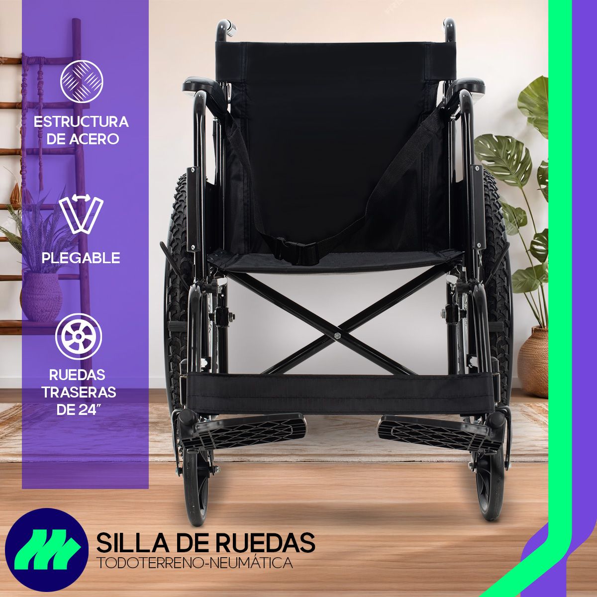 Silla de Ruedas Plegable Todo Terreno Acero 24” Neumática Respaldo Reforzado y Cinturón de Seguridad Aros Propulsores y Talonera Ajustable