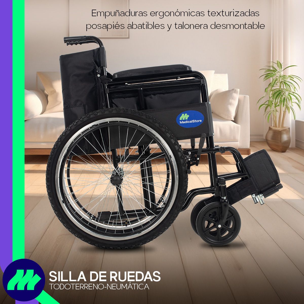 Silla de Ruedas Plegable Todo Terreno Acero 24” Neumática Respaldo Reforzado y Cinturón de Seguridad Aros Propulsores y Talonera Ajustable