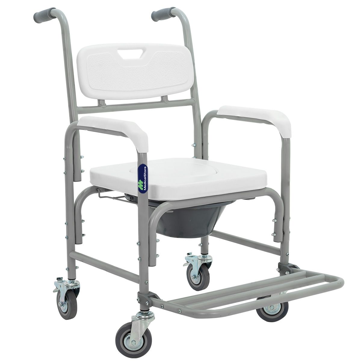 Silla Cómodo Ducha y Aumento para WC 3 en 1 de acero cromado con ruedas giratorias y asiento acojinado cubeta extraíble frenos de seguridad