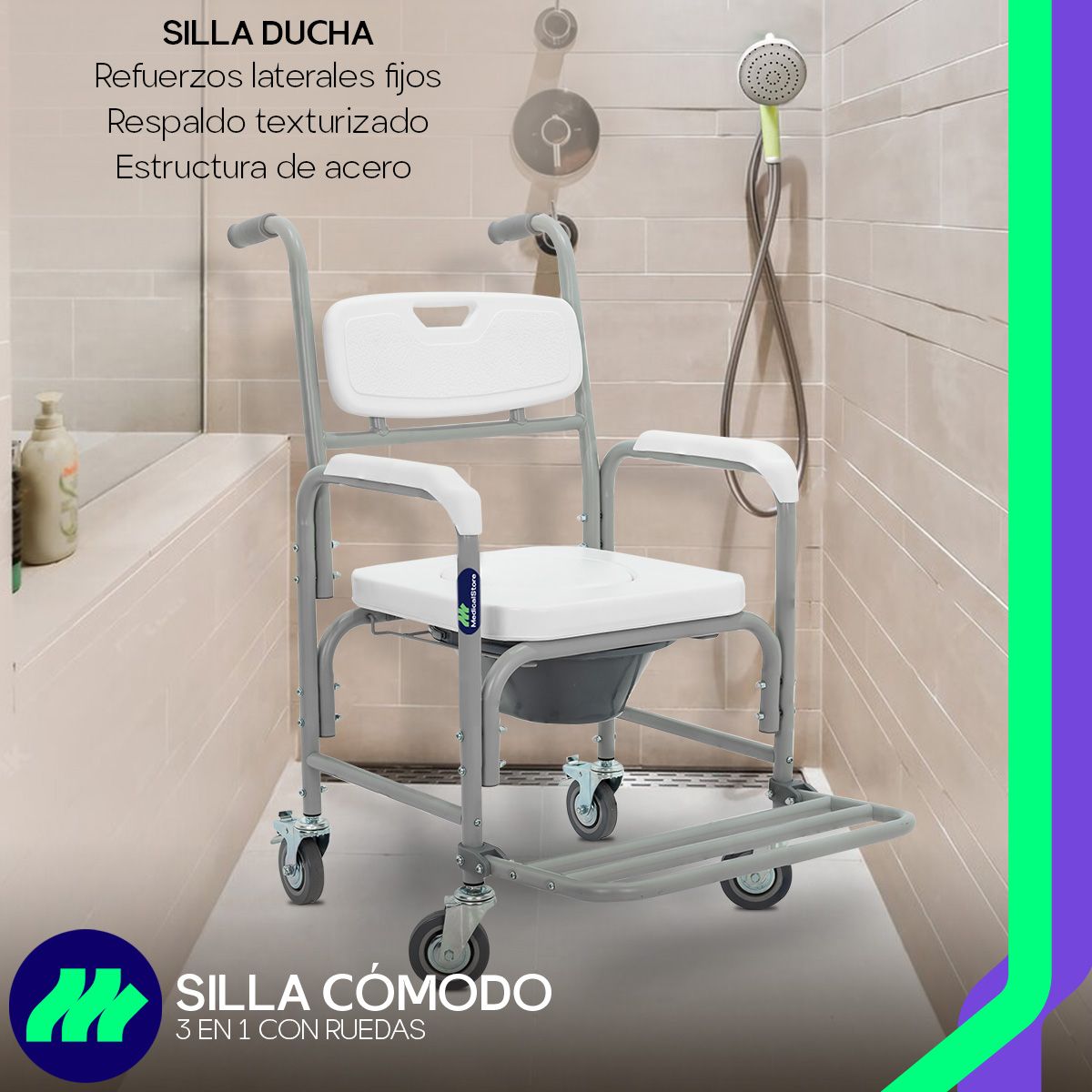 Silla Cómodo Ducha y Aumento para WC 3 en 1 de acero cromado con ruedas giratorias y asiento acojinado cubeta extraíble frenos de seguridad