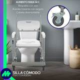 Silla Cómodo Ducha y Aumento para WC 3 en 1 de acero cromado con ruedas giratorias y asiento acojinado cubeta extraíble frenos de seguridad