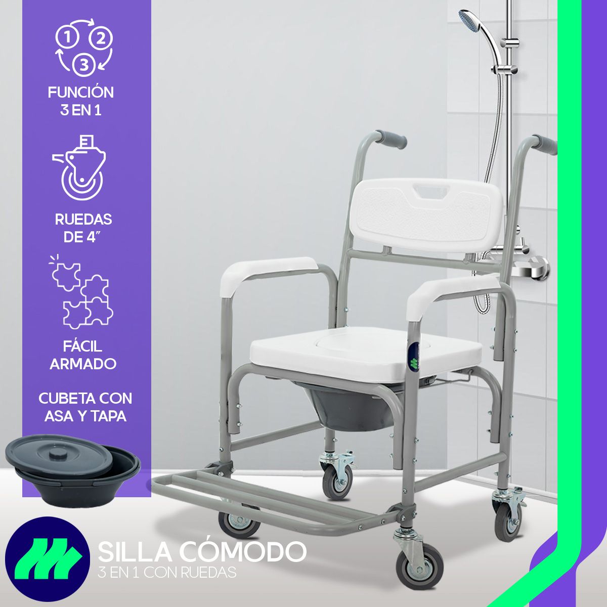Silla Cómodo Ducha y Aumento para WC 3 en 1 de acero cromado con ruedas giratorias y asiento acojinado cubeta extraíble frenos de seguridad