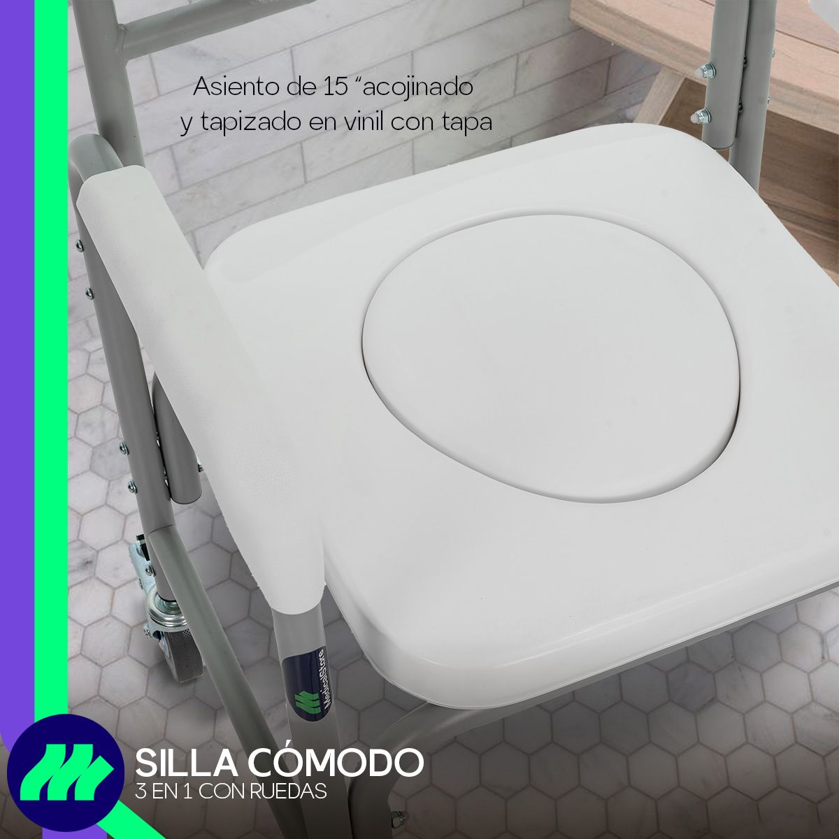 Silla Cómodo Ducha y Aumento para WC 3 en 1 de acero cromado con ruedas giratorias y asiento acojinado cubeta extraíble frenos de seguridad