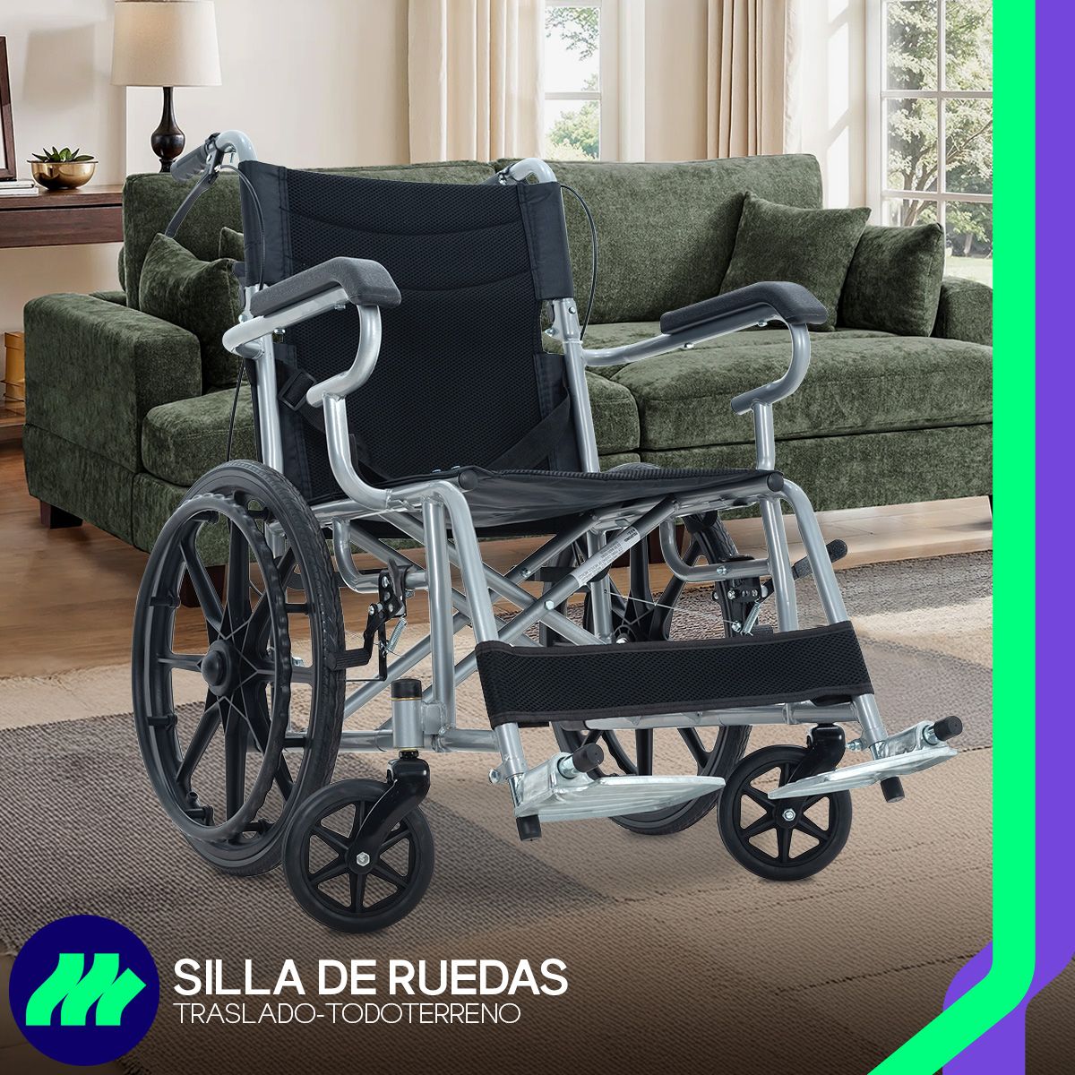 Silla de Ruedas Plegable de Lujo con Descansapiés Respaldo Reclinable y Ruedas Todoterreno Movilidad Reducida Respaldo Abatible Frenos de Palanca Empuñaduras Ergonómicas para Traslado