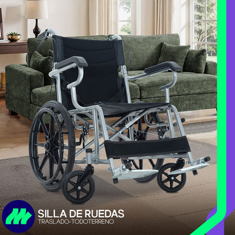 Silla de Ruedas Plegable de Lujo con Descansapiés Respaldo Reclinable y Ruedas Todoterreno Movilidad Reducida Respaldo Abatible Frenos de Palanca Empuñaduras Ergonómicas para Traslado