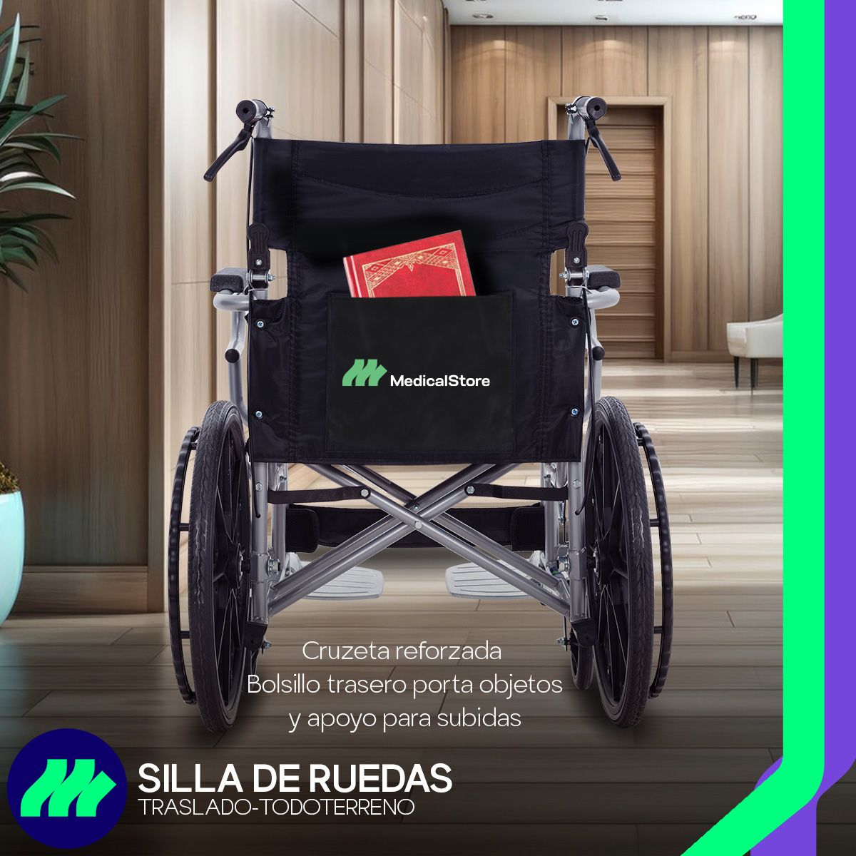 Silla de Ruedas Plegable de Lujo con Descansapiés Respaldo Reclinable y Ruedas Todoterreno Movilidad Reducida Respaldo Abatible Frenos de Palanca Empuñaduras Ergonómicas para Traslado