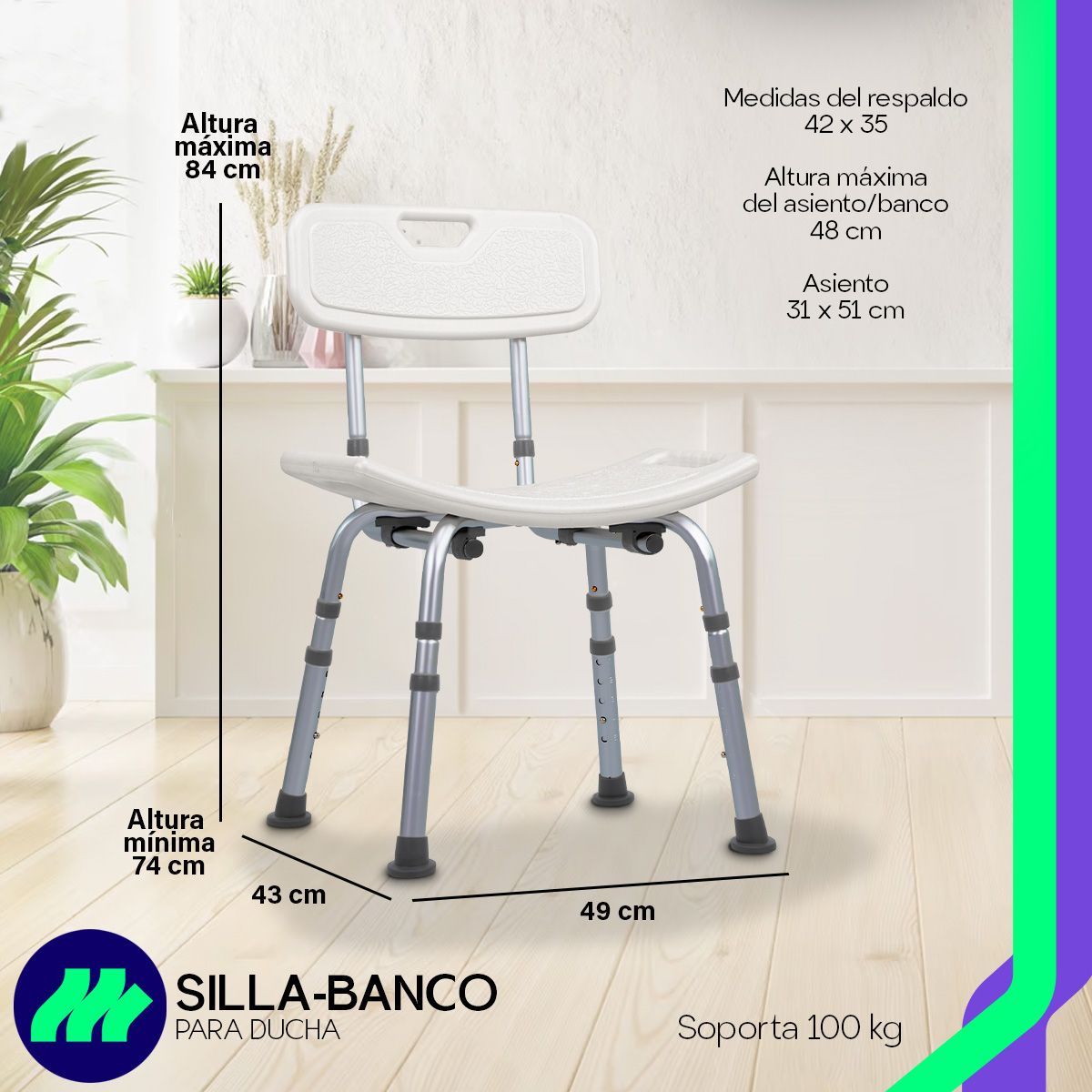 Silla Ducha Baño Respaldo Aluminio Altura Ajustable